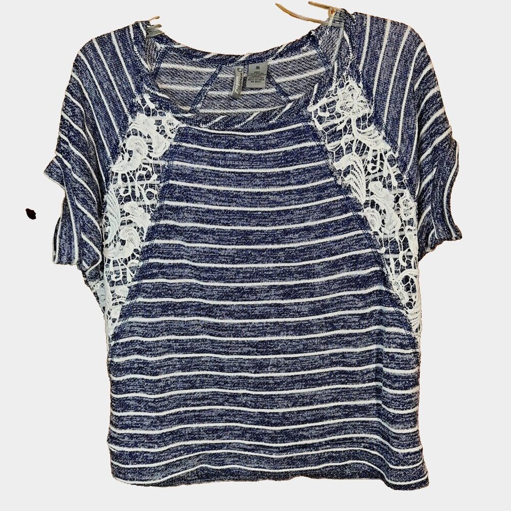 New Directions Weekend Blue Stripe Crochet Dolman Sleeve Knit Top M Coastal Chic
